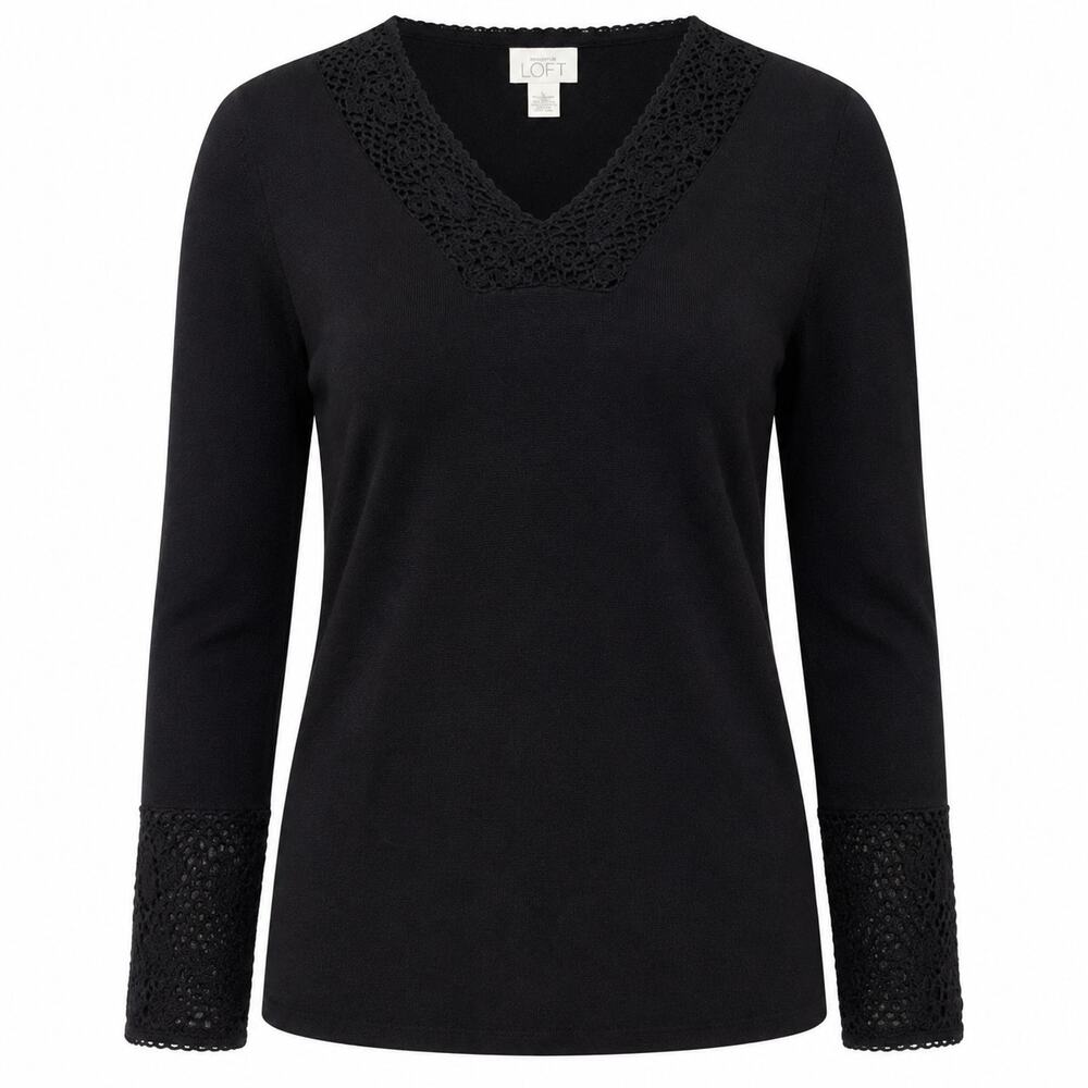 LOFT Black Wool Cashmere Blend Sweater Large Crochet V Neck Lace Cuff Whimsigoth